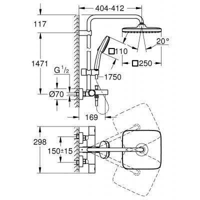 Bakside av badekar- og dusjsystem termostat krom Grohe Vitalio Comfort