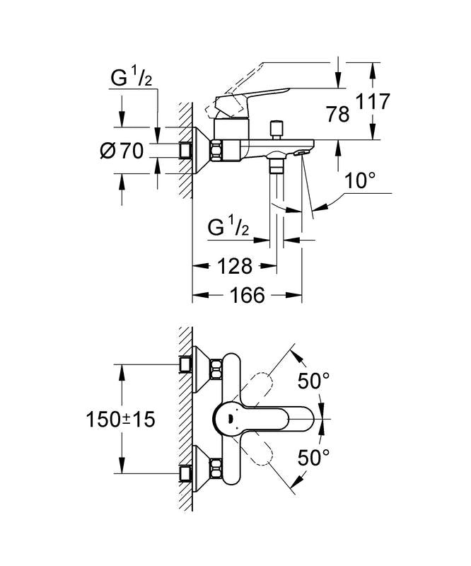 Badekarbatteri 2-hulls veggmontert krom Grohe BauEdge detaljbilde
