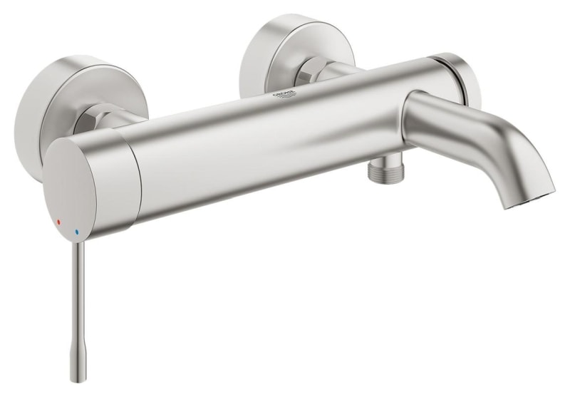 Badekarbatteri ettgreps børstet stål Grohe Essence New forfra