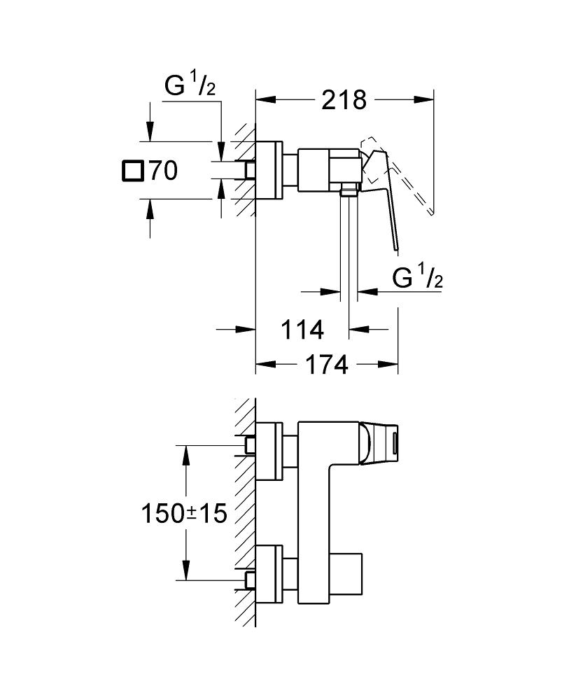 Dusjbatteri ettgreps børstet hard graphite Grohe Eurocube montert på vegg