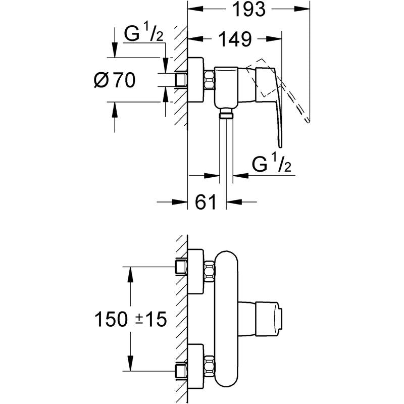 Dusjbatteri ettgreps krom Grohe Eurostyle Cosmopolitan bakside