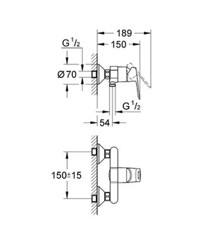 Dusjbatteri veggmontert krom Grohe BauLoop bakside