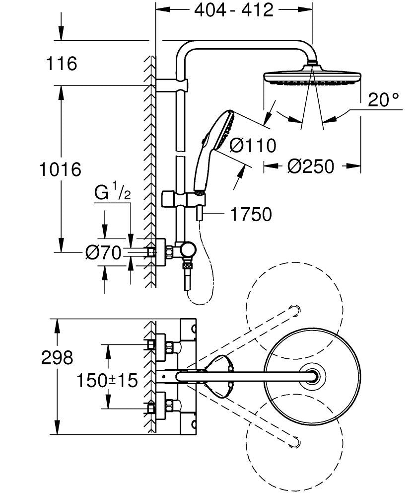 Dusjsett med termostat i krom Grohe Tempesta detalj