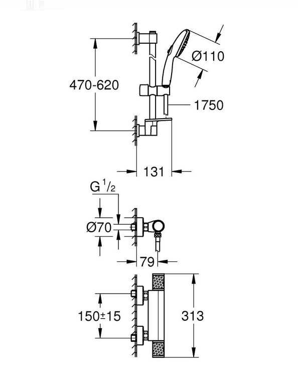 Dusjsett termostat i krom Grohe Precision Feel bakside