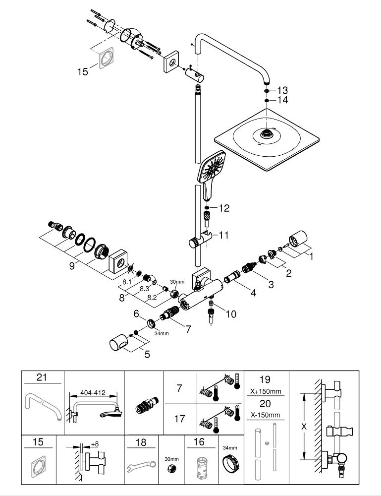 Dusjsystem med termostat veggmontert krom Grohe Rainshower SmartActive bakside