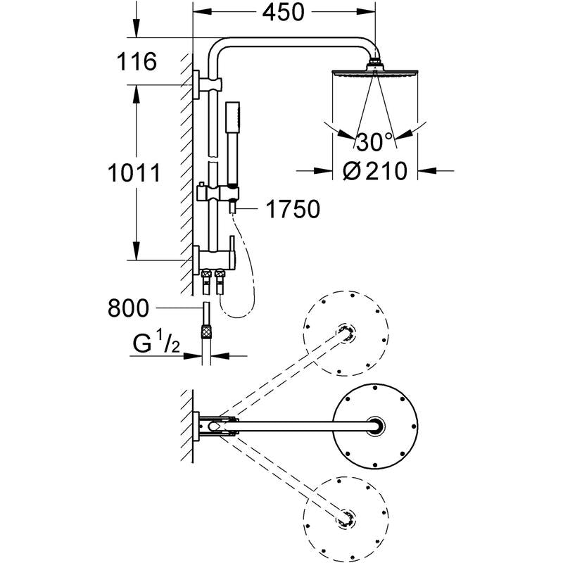 Dusjsystem krom med takdusj Grohe Rainshower bakside