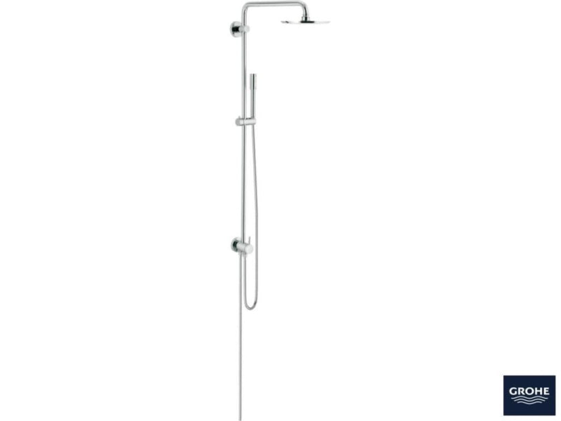 Dusjsystem krom med takdusj Grohe Rainshower nærbilde av hånddusj