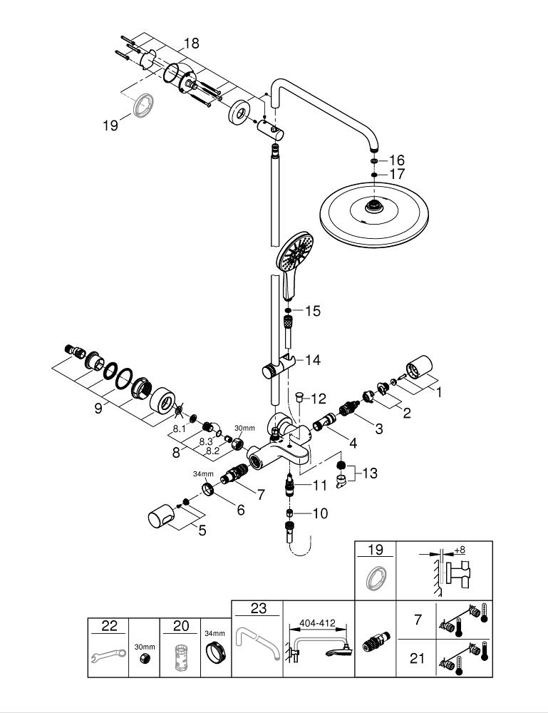 Dusjsystem med badekartermostat moon white Grohe Rainshower SmartActive 310 bakside
