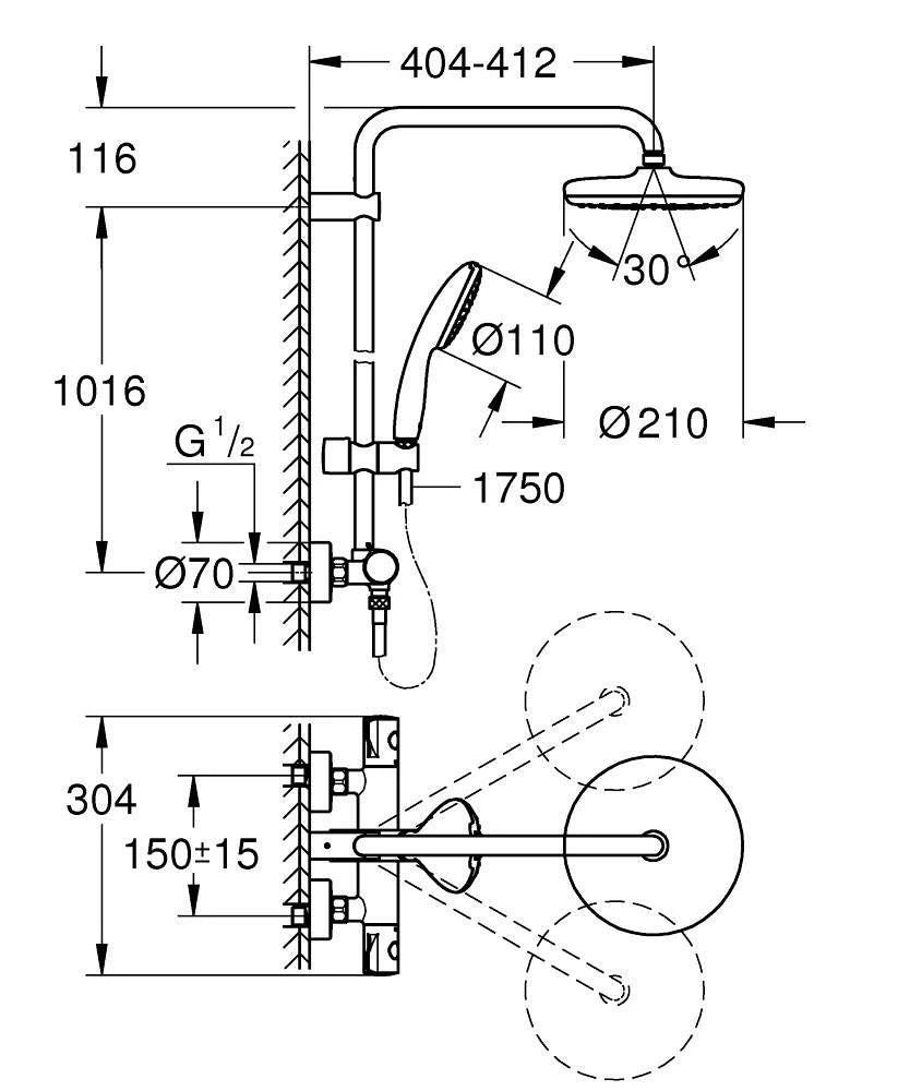 Detalj av dusjsystem med termostat veggmontert krom Grohe Tempesta 210