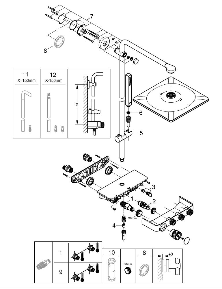 Dusjsystem termostat børstet hard graphite Grohe Euphoria SmartControl bakside