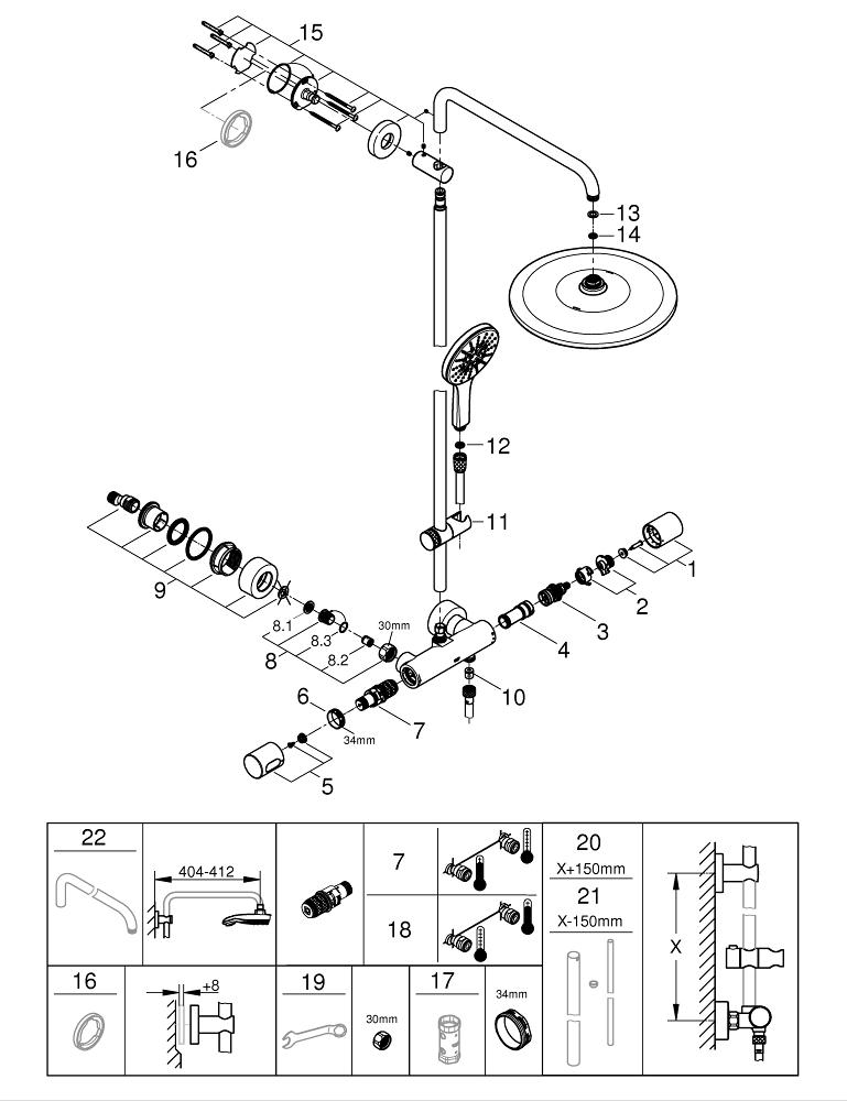 Dusjsystem termostat krom Grohe Rainshower SmartActive 310 bakside