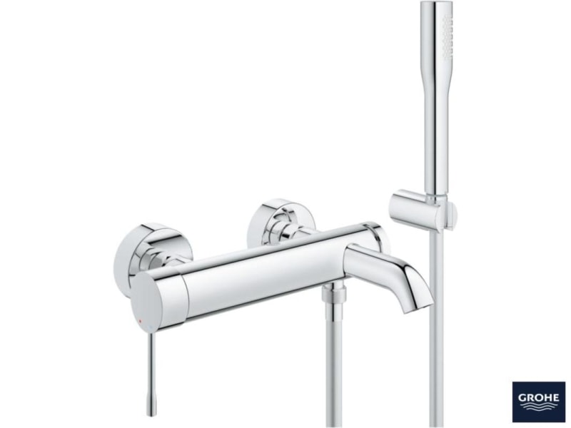 Detalj av trommel på Ettgreps badekarbatteri med dusjsett krom Grohe Essence New