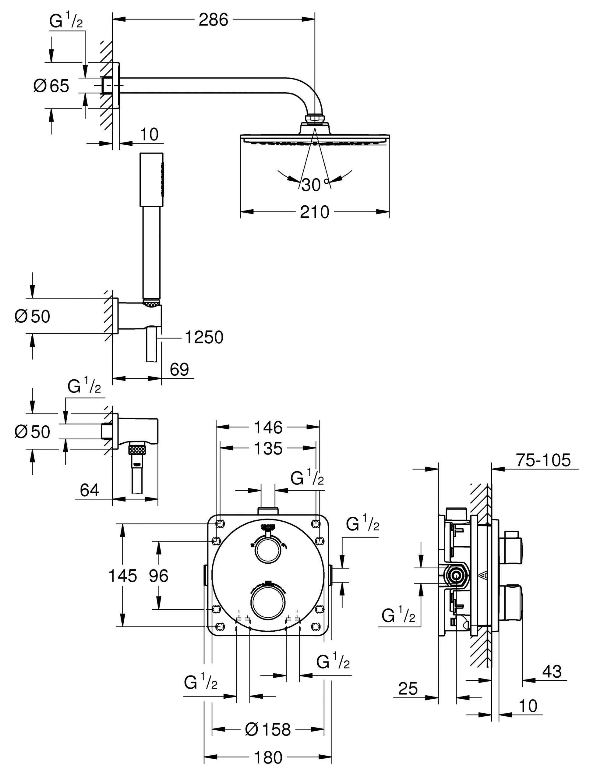Innbyggings dusjsystem termostat krom Grohe detalj av termostat