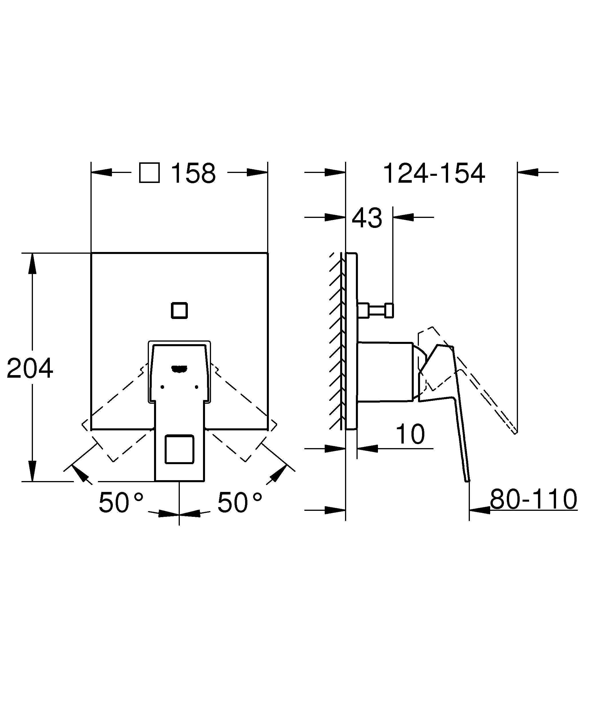 Innbyggingsbatteri toveis krom Grohe Eurocube bakside