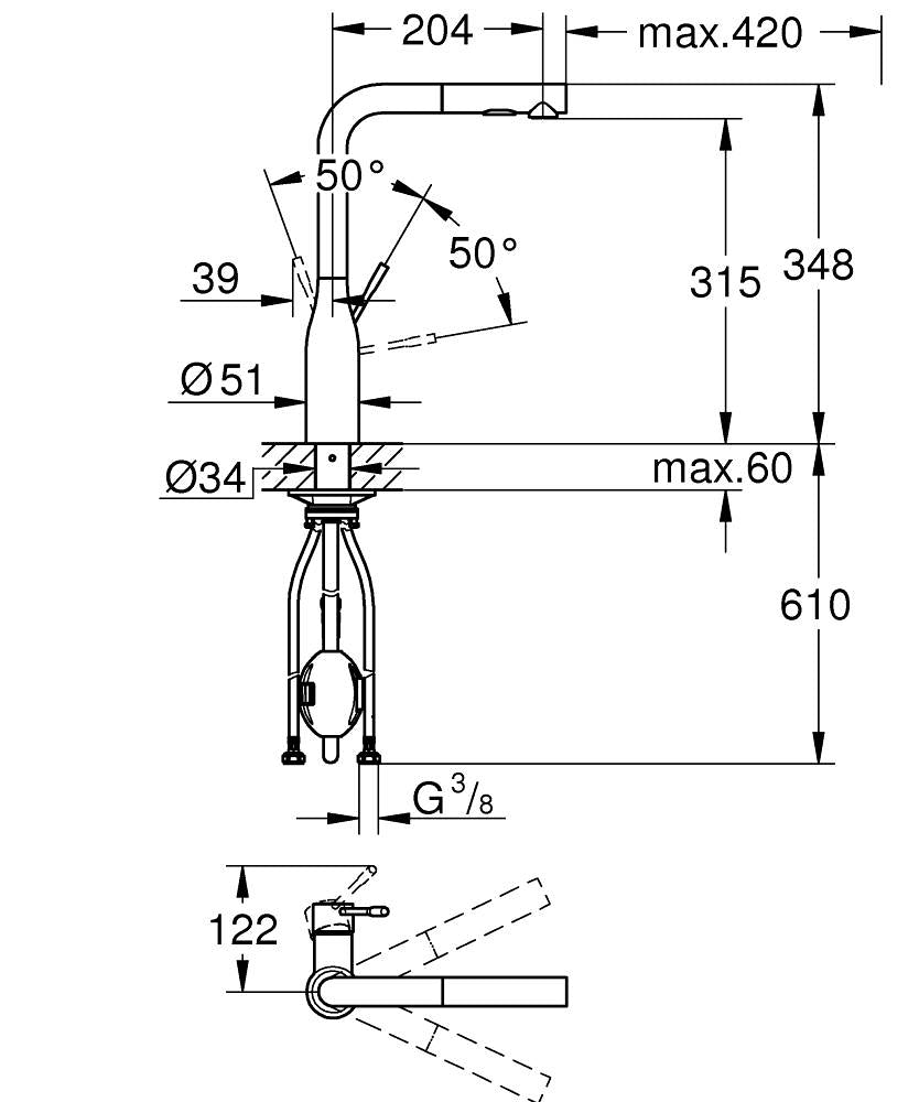 Kjøkkenbatteri børstet warm sunset Grohe Essence detalj av tut