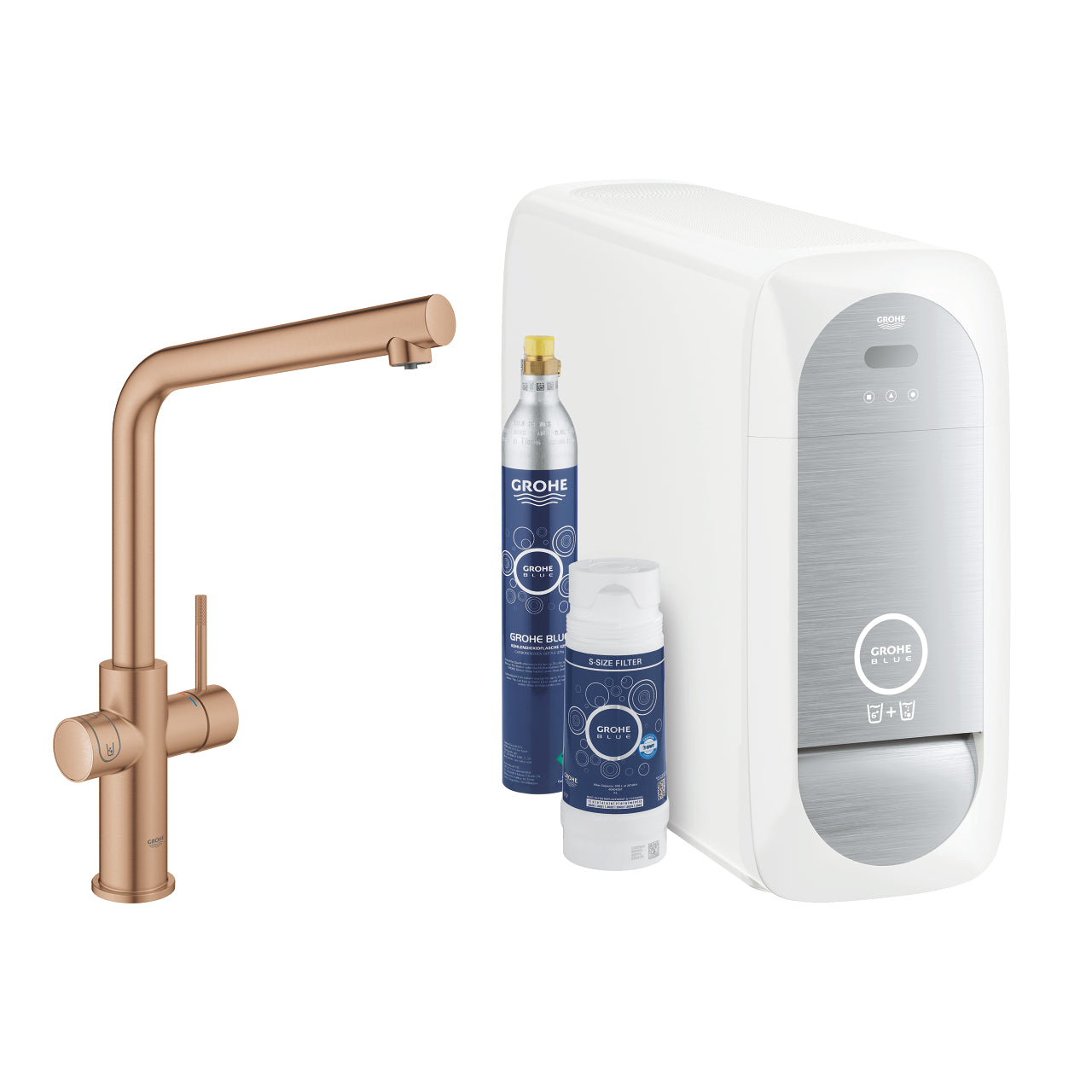 Kjøkkenbatteri børstet varm solnedgang L-tut Grohe Blue Home forfra