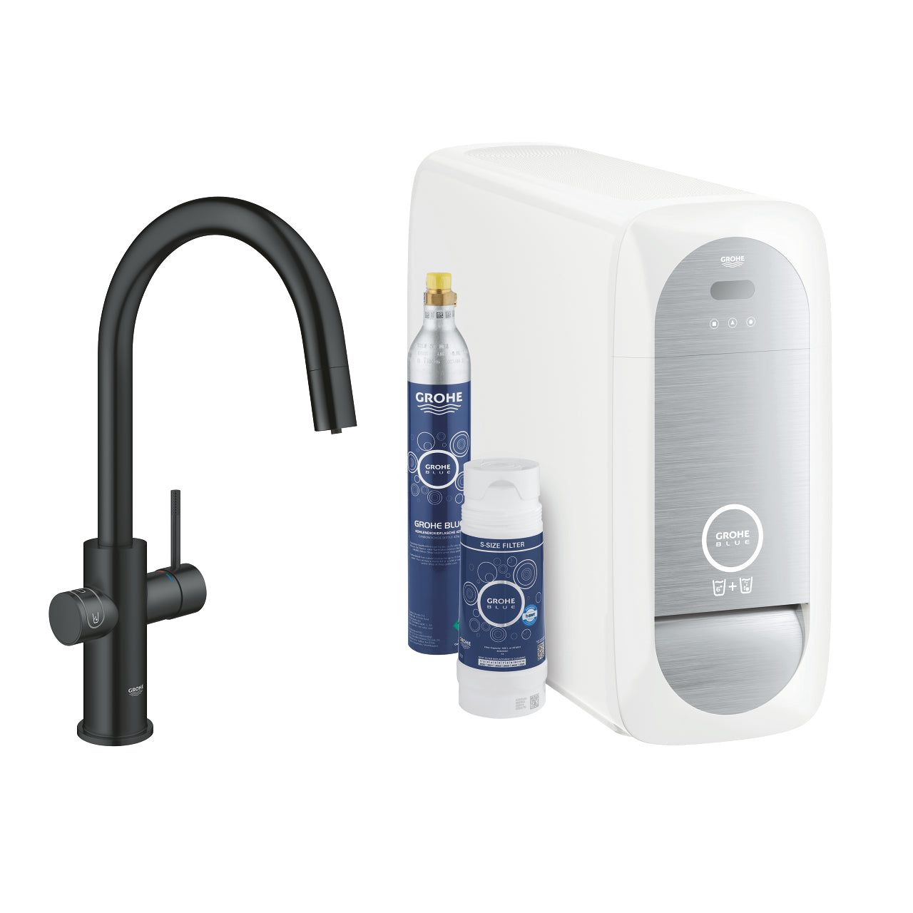 Kjøkkenbatteri C-tut matt svart Grohe Blue Home forfra