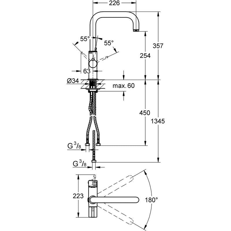Bakside av kjøkkenbatteri ettgreps kokende vann stål Grohe Red Duo