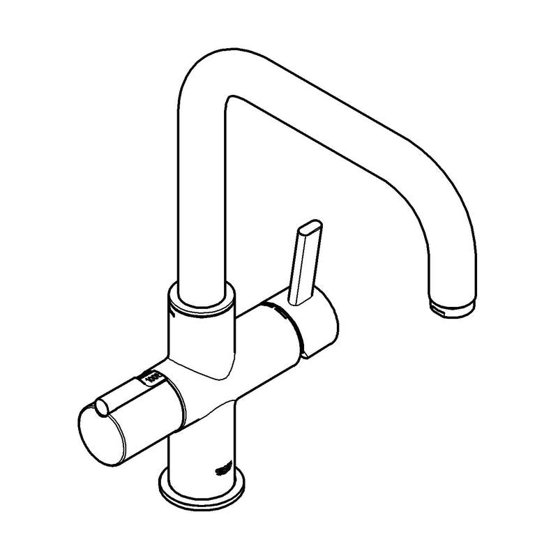 Nærbilde av håndtak på Grohe Red Duo kjøkkenbatteri
