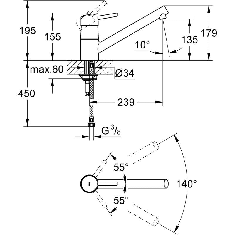 Kjøkkenbatteri ettgreps krom Grohe Concetto bakside