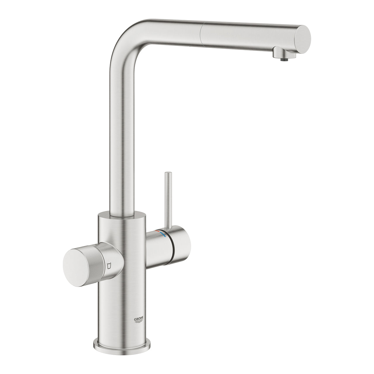 Kjøkkenbatteri med filtrering og uttrekkbar tut i rustfritt stål Grohe Blue Pure Minta forfra