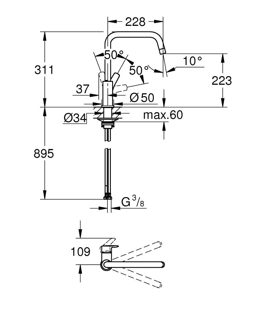 Kjøkkenbatteri krom under vindu Grohe Eurosmart detalj av tut