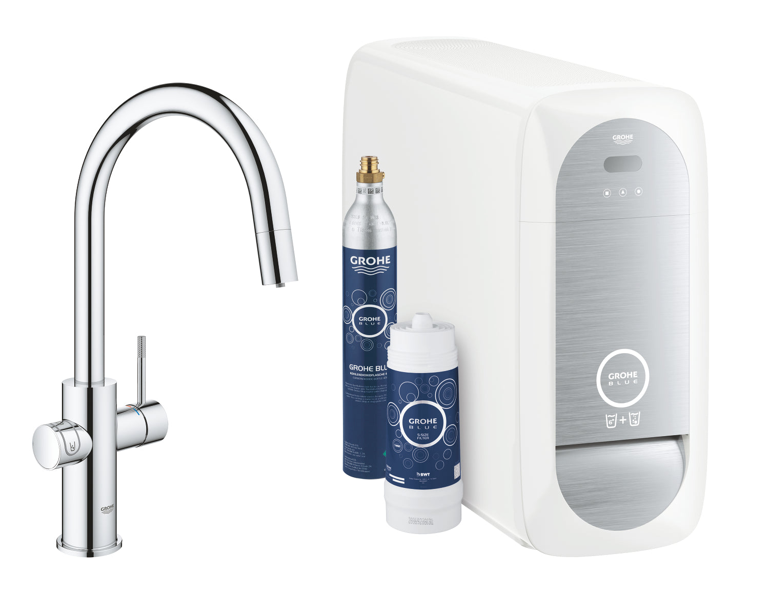 Kjøkkenbatteri med filter C-tut krom Grohe Blue Home forfra
