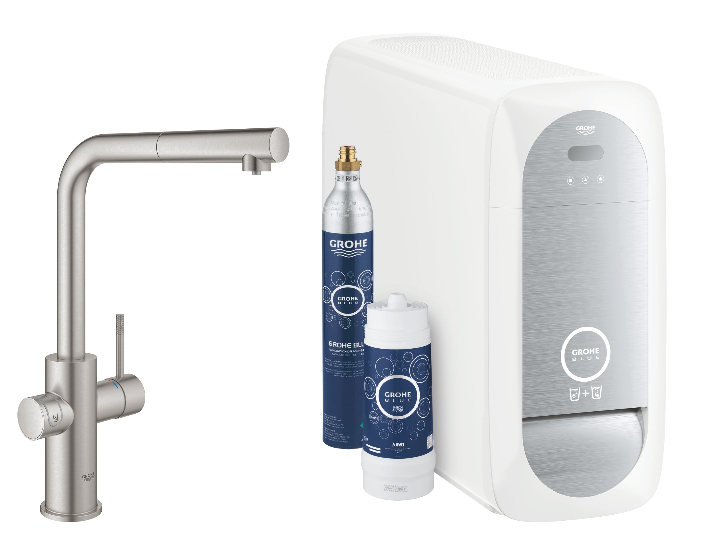 Kjøkkenbatteri rustfritt stål L-tut Grohe Blue Home forfra