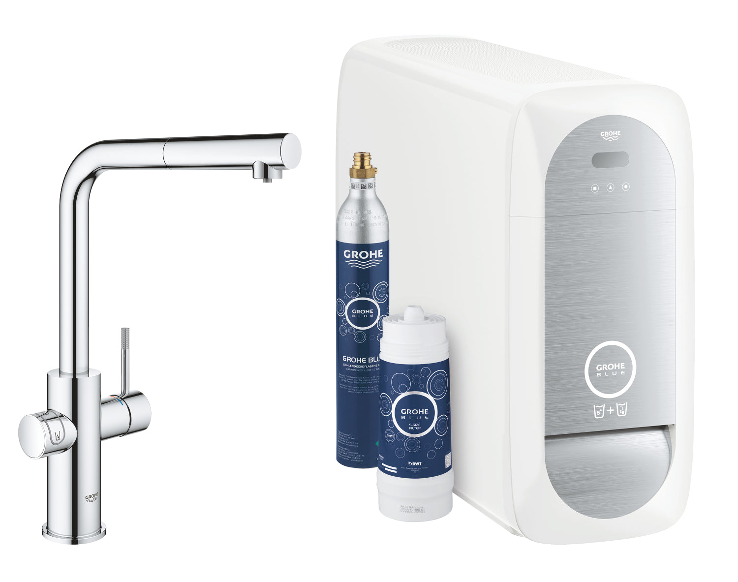 Kjøkkenbatteri startsett L-tut krom Grohe Blue Home forfra