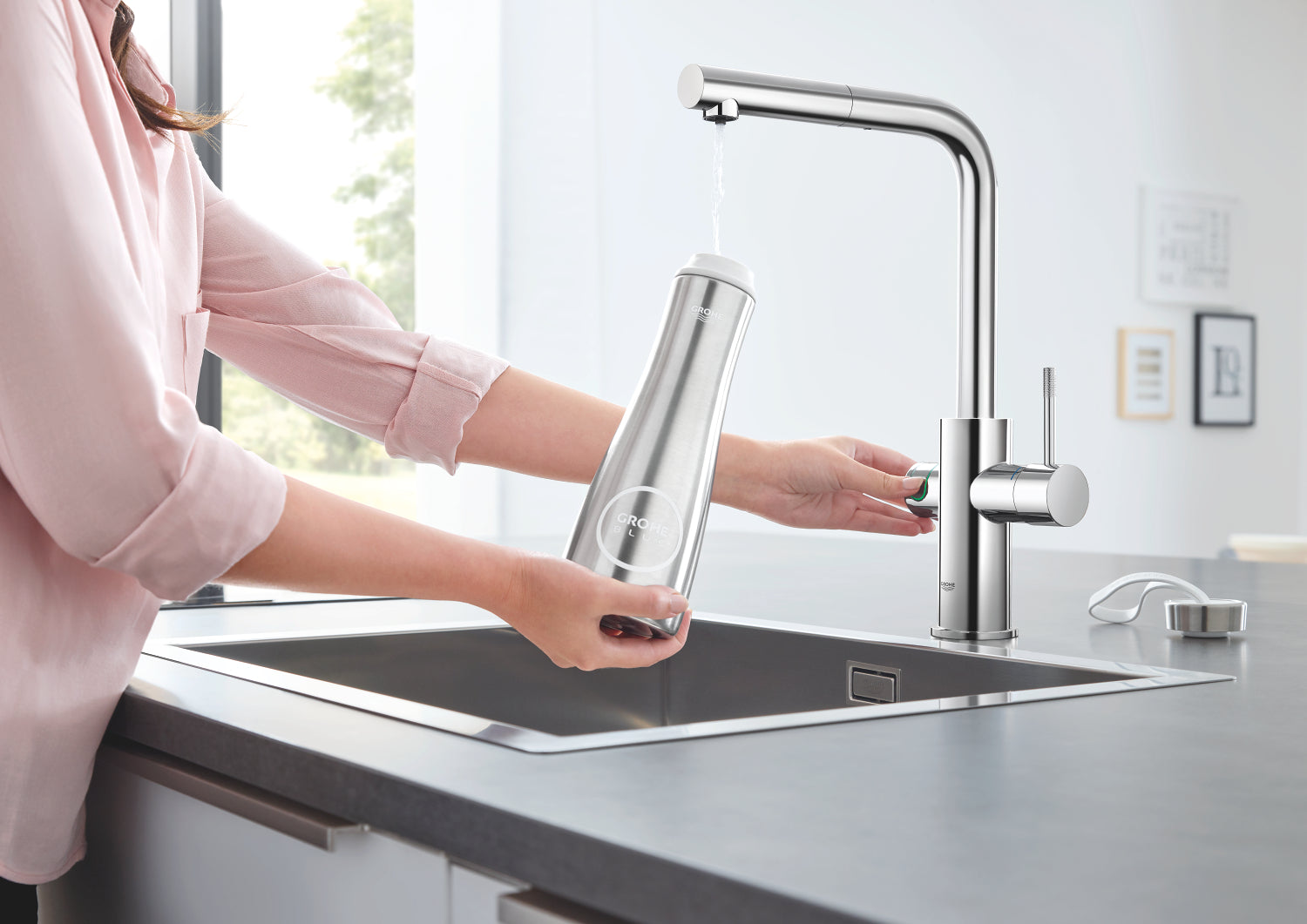 Kjøkkenbatteri startsett L-tut krom Grohe Blue Home filter og tilbehør