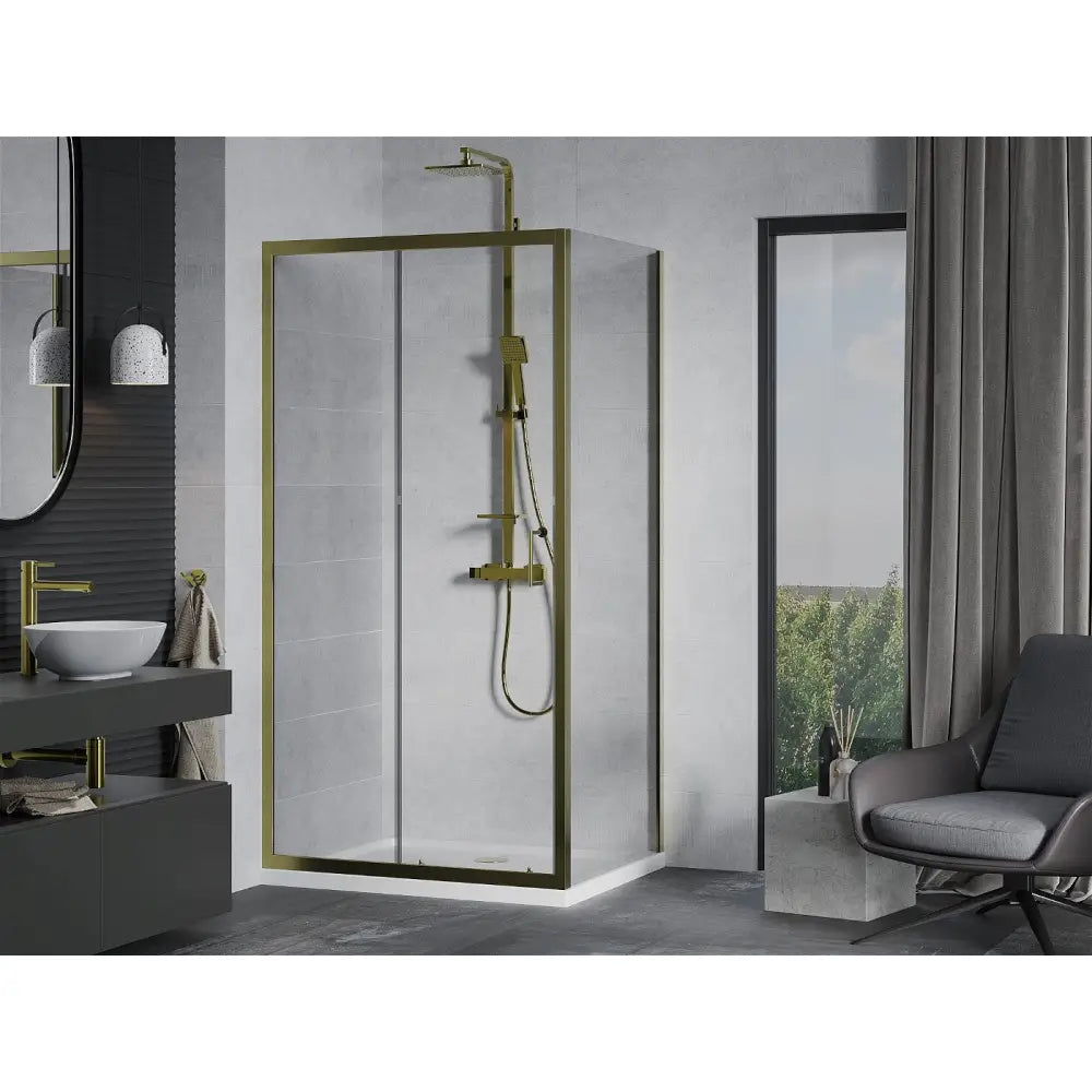 Dusjhjørne med Dusjbrett 140x80 Cm Transparent Gull + Lav Dusjkar Hvit