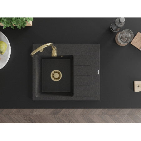 Ben Kjøkkenvask 1 Kum Med Avrenning Venstre 600 x 500 mm, Svart/Grå, Vannlås Gull - 6522605000-76-G
