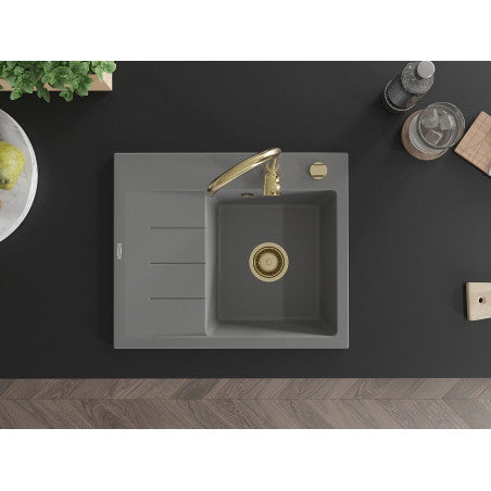Ben Kjøkkenvask 1 Kum Med Avrenning Høyre 600 x 500 mm, Grå, Vannlås Gull - 6523605000-71-G