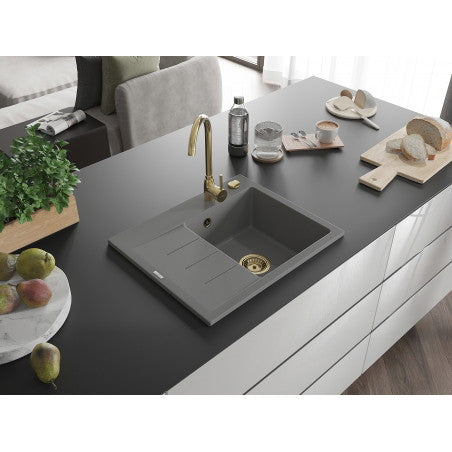 Ben Kjøkkenvask 1 Kum Med Avrenning Høyre 600 x 500 mm, Grå, Vannlås Gull - 6523605000-71-G