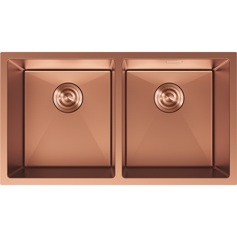 Stålvask Mexen Binox dobbel kjøkkenvask i kobber, sett ovenfra med to firkantede kummer.