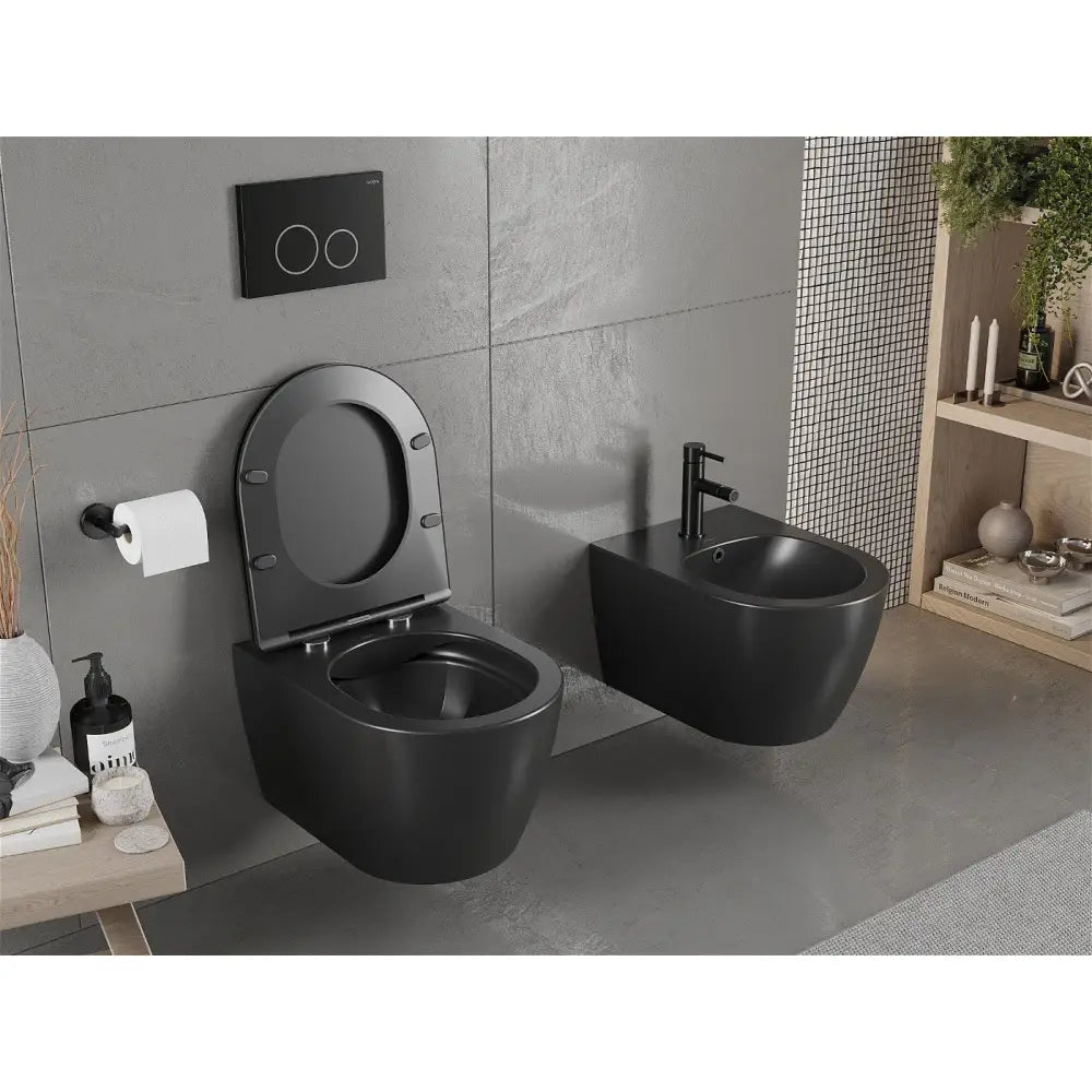 Carmen toalettskål Rimless med soft-close sete, slim, duroplast, matt svart – detalj sete