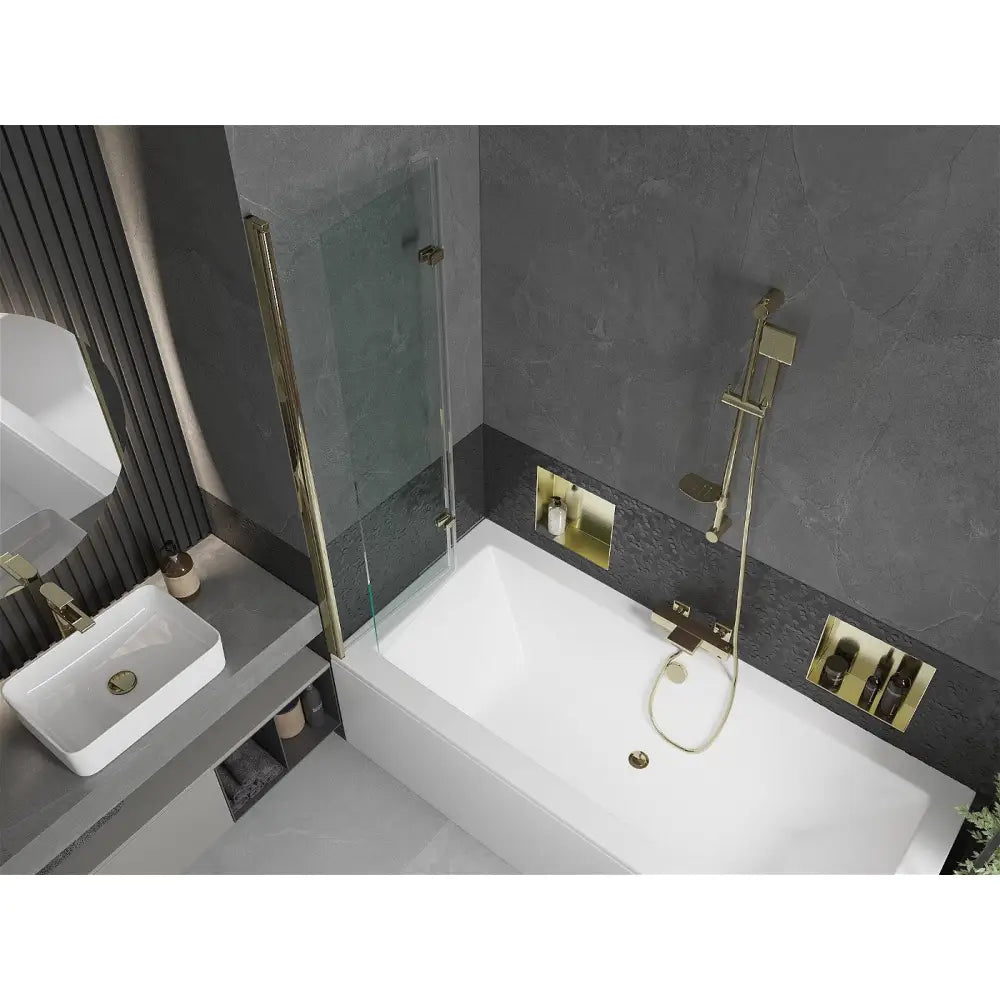 Cube Rektangulært Badekar 180x80 Cm med Kabinett og 2-delt Skjermvegg 100 Cm Gjennomsiktig Gull - 550518080x