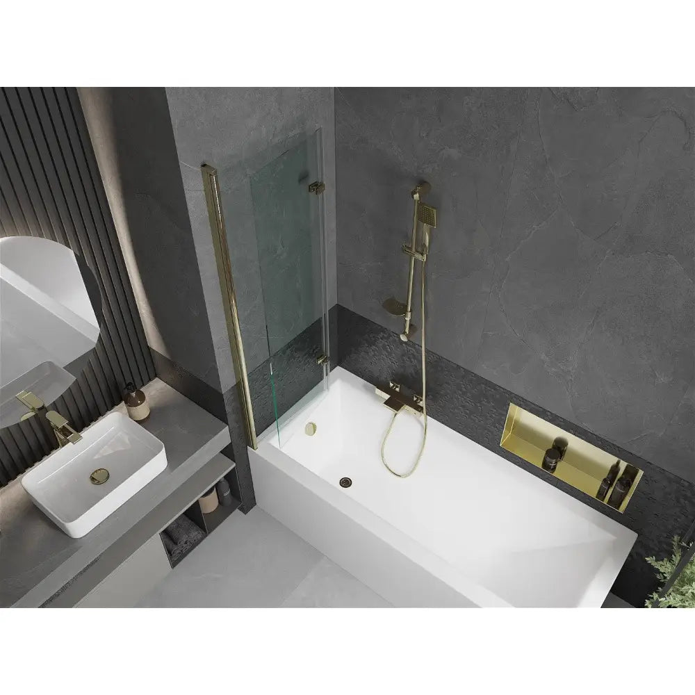 Cubik Rektangulært Badekar 150x70 Cm med Kabinett og 2-delt Dusjvegg 100 Cm Gjennomsiktig Gull - 550315070x