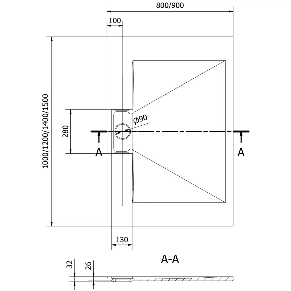 Dimensjonstegning Egon dusjkar 140x90 cm