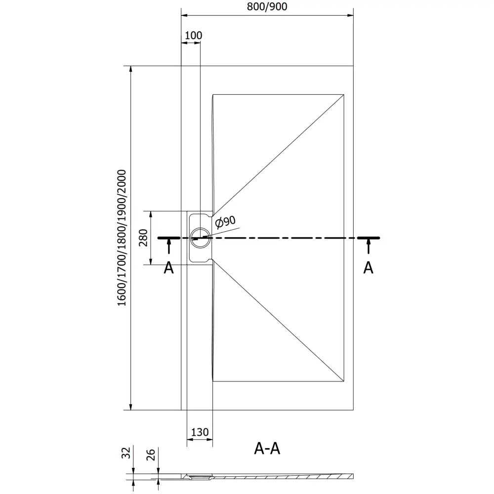 Dimensjonstegning Egon dusjkar 170x90 cm