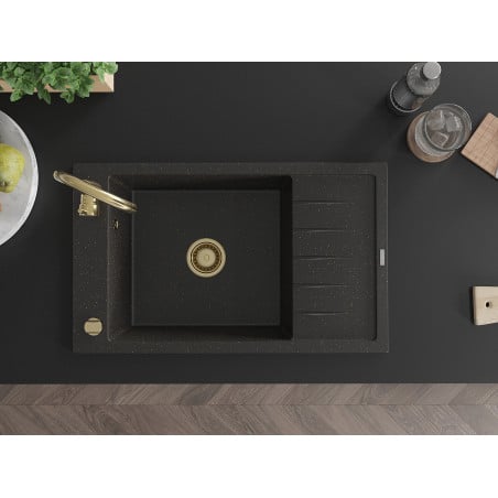 Elias Kjøkkenvask 1 Kum Med Avrenning 795 x 480 mm, Svart/Gull Metallic, Vannlås Gull - 6511791005-75-G