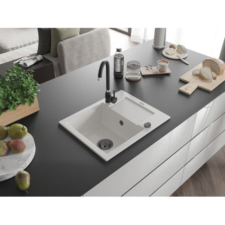 Enzo Kjøkkenvask 1 Kum Med Avrenning 576 x 465 mm, Hvit, Vannlås Svart - 6506571005-20-B