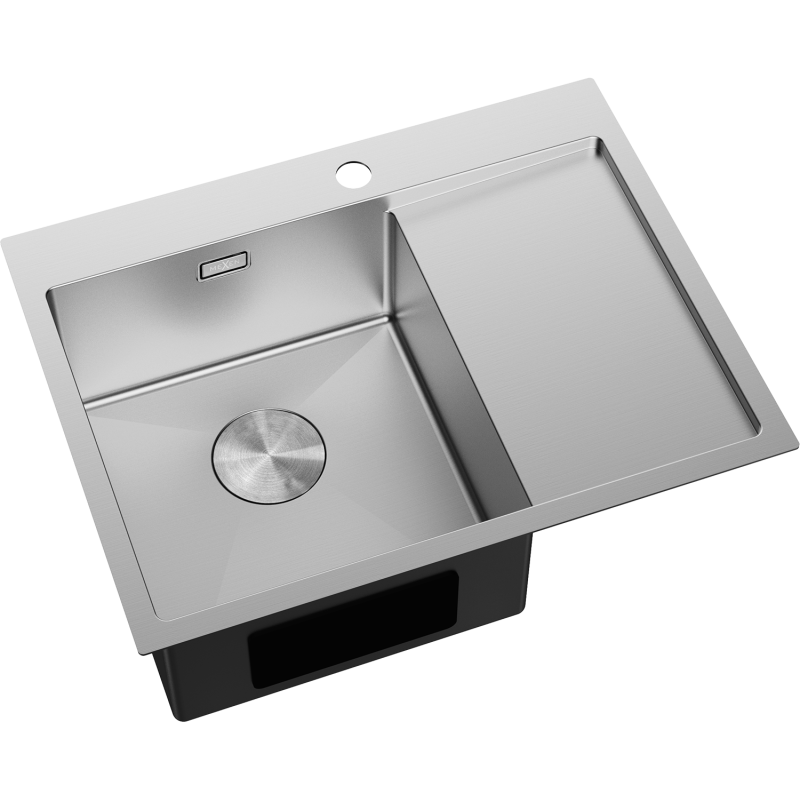 Stål Kjøkkenvask Mexen Exar 620 x 480 mm med venstre kum og avrenningsflate sett ovenfra.