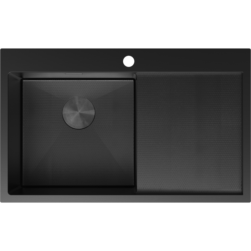 Kjøkkenvask i stål Mexen 780 x 480 mm, matt sort, én kum til venstre og avrenner til høyre.
