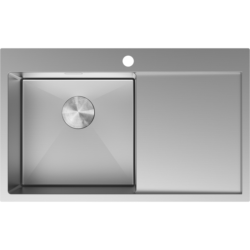 Kjøkkenvask i stål Mexen Exar sett ovenfra med én stor venstrekum og avrenningsfelt til høyre.