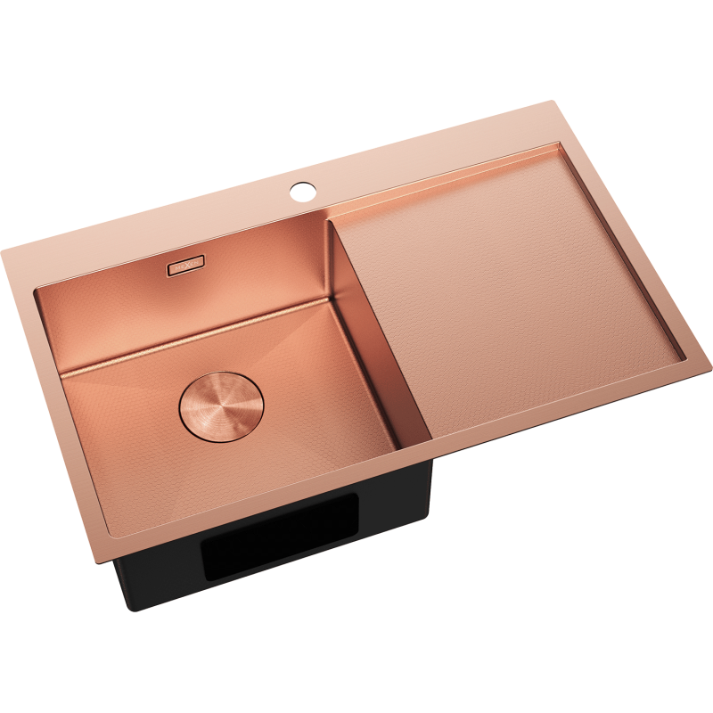 Stål Kjøkkenvask Mexen Exar i børstet kobber med stor venstrekum og avrenningsfelt, sett skrått ovenfra.