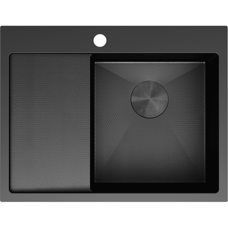 Kjøkkenvask i stål 620 x 480 mm, svart, sett ovenfra med én kum og sekskantmønstret avrenner.