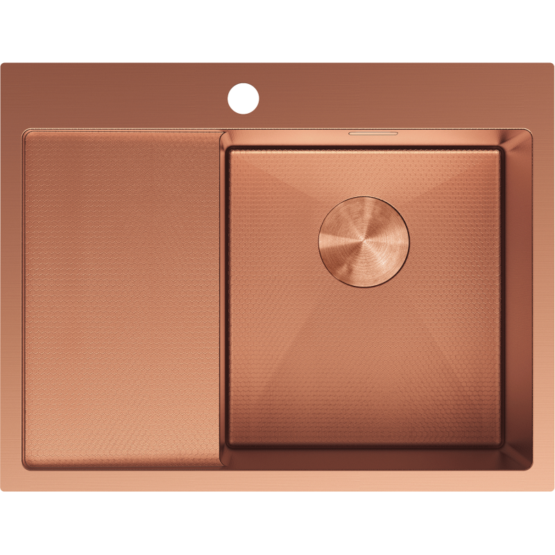 Kjøkkenvask i stål Mexen Exar kobberfarget med stor firkantet kum og høyre avrenner, sett ovenfra.