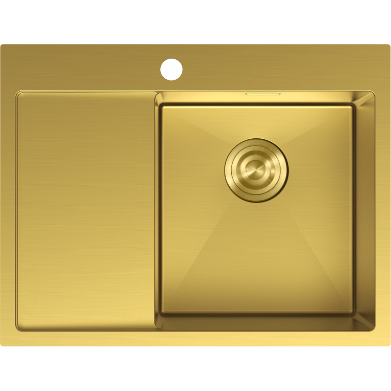 Stålvask Mexen 6432621005p-55 i gull, sett ovenfra med høyre kum og venstre avrenningsfelt.