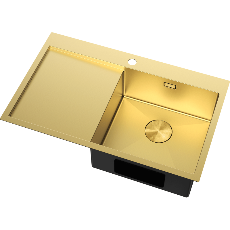 Stål Kjøkkenvask i gull, skrå vinkel, én stor kum og høyre avrenner, matt overflate.